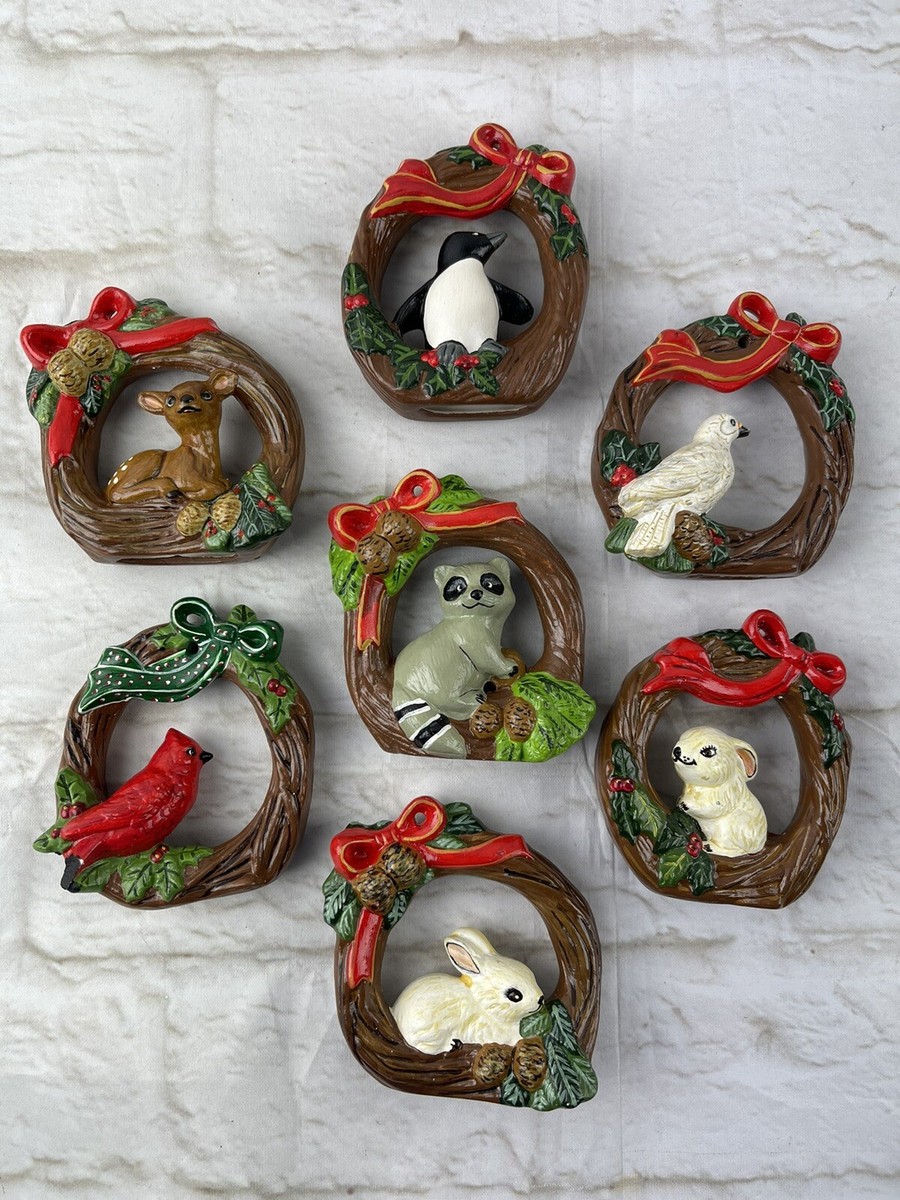 Vtg Christmas Tree Ornaments Wreath w/ Woodland Animals Ceramic