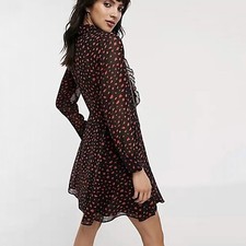 Sale! Topshop black and red printed ruffle shirt long sleeve mini dress size 6
