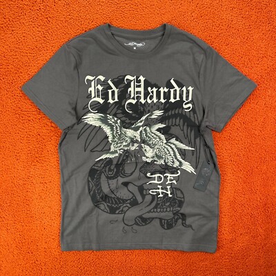ED HARDY Designs T-Shirt Men's MEDIUM Graphic Tattoo Dark Gray Eagle Fight Y2K