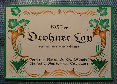 Old Wine Label Sample Label Label 1933 Drohner Lay Design Schött