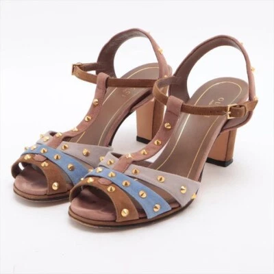 GUCCI Sandales Mules Talon En Daim Avec Crampons Femme EU 35 Marron Bleu Gris - Photo 1/4