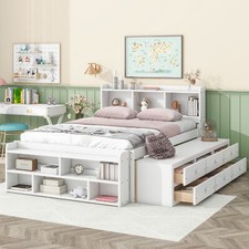 Wooden Full Size Bed Frame W/ Bookcase Storage Headboard and Drawers/Case White
