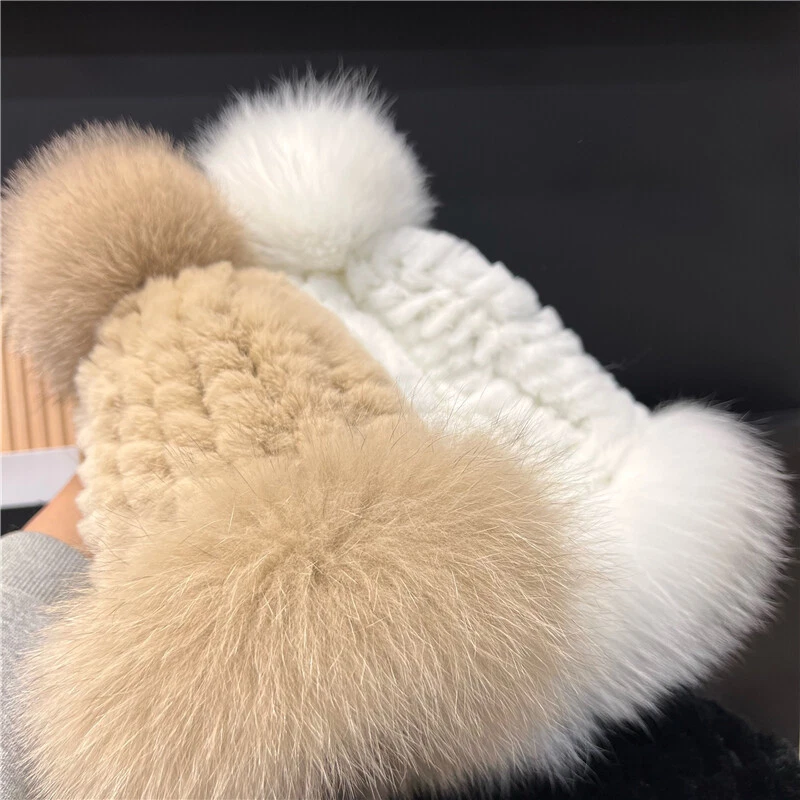 Winter Women Warm Rex Rabbit Fur Fox Fur Hat Outdoor Fluffy Knitted Hat Cap - Image 4 of 4