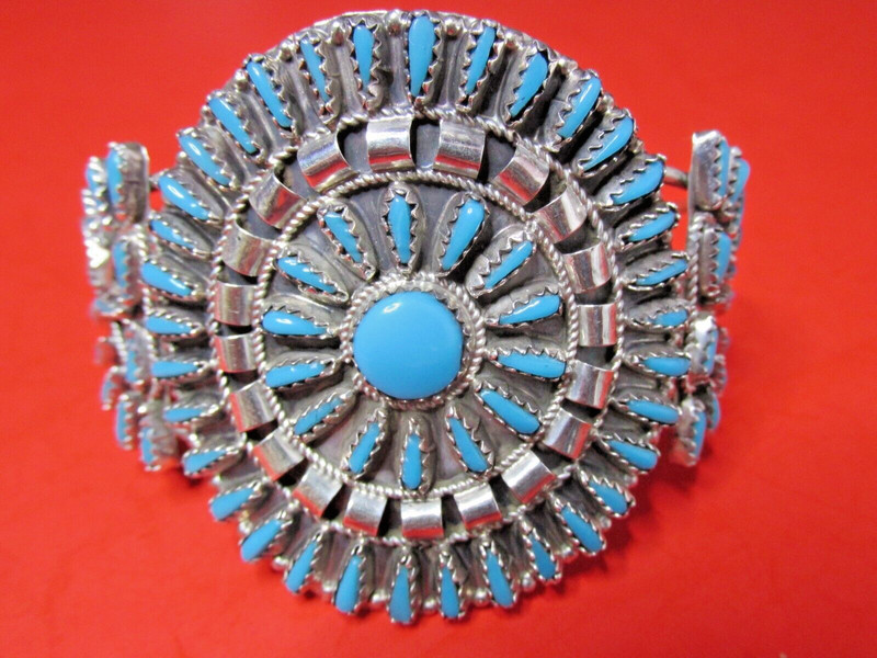 STERLING SIGNED TURQUOISE BRACELET VINTAGE TJB MARK TRI PANEL KINGMAN HAND MADE