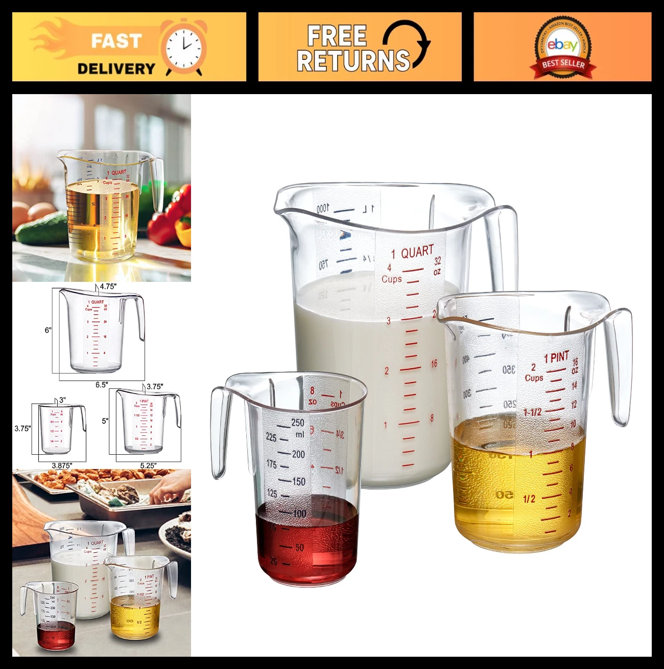 3-Piece Plastic Measuring Cups Set - Food-Grade, Unbreakable, Stackable, Dishwas