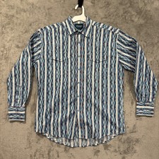 Vintage 90s Wrangler Western Shirt Men Medium Pearl Snap Aztec Southwestern Blue