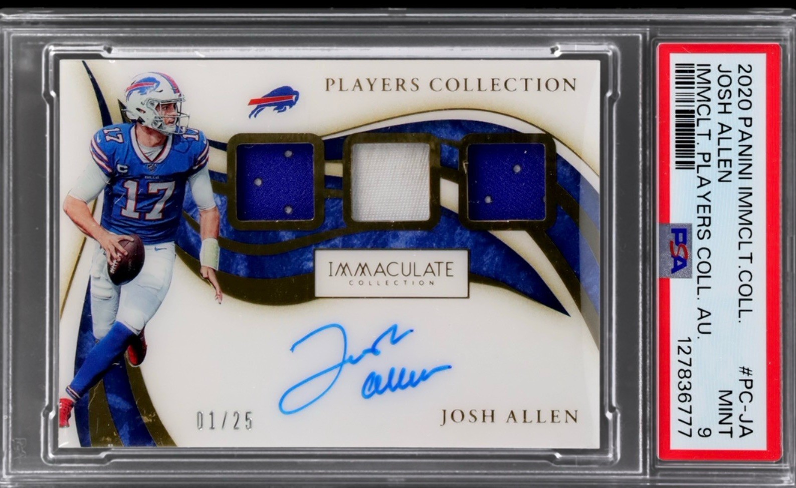 #1/25 PSA 9 Josh Allen 2020 Immaculate Game Used Worn Jersey Patch Auto On-Card view 1