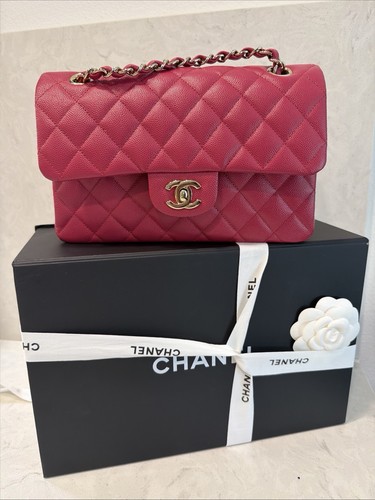 Authentic CHANEL CLASSIC Small DOUBLE FLAP Fuchsia / Dark Pink CAVIAR BAG Lghw