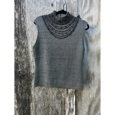 Cache Elements Silver Lurex Beaded Mock Neck Sleeveless Sweater Top XL Luxe Y2K