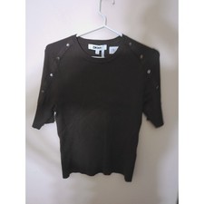 DKNY Ribbed Short Sleeve Sweater Womens L Brown Button Shoulder Fashion Knit