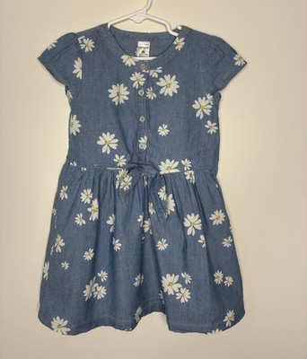 Carter's Girls 4T Blue Floral Denim A-Line Dress Short Sleeve Button Front