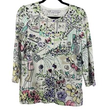 Christopher  Banks Garden Scene Cardigan Sweater Size S 3/4 Sleeve Embellished