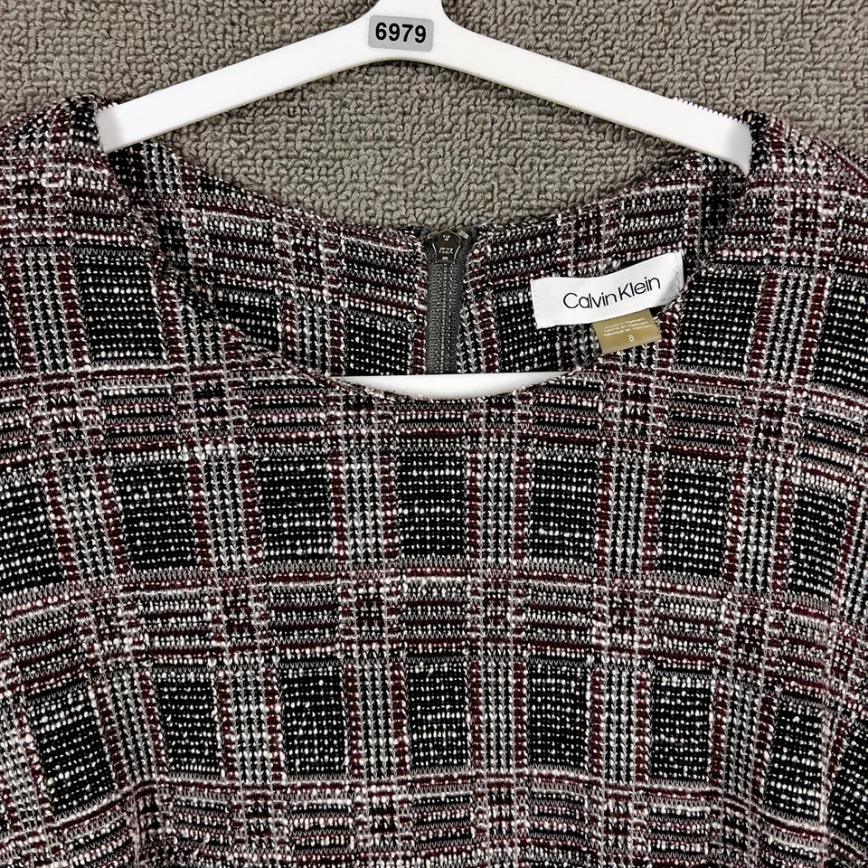 Calvin Klein Dress Womens 8 Black Gray Burgundy Plaid Tweed Bell Sleeve Sheath - Image 2 of 4