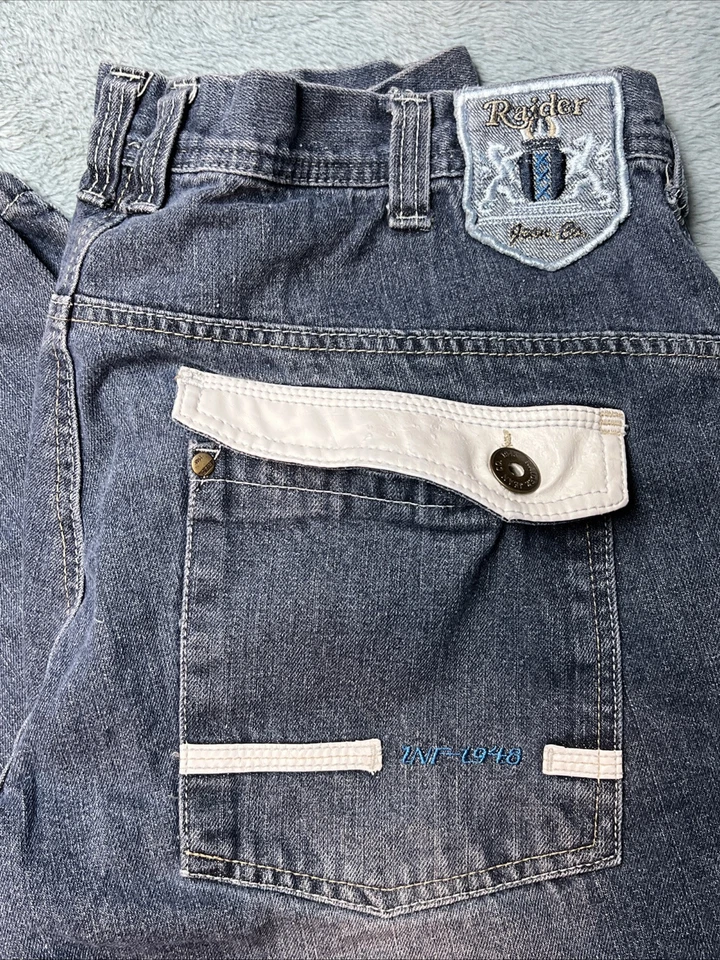 Pantalones de mezclilla Raider Ar48 para hombre 40x34 holgados pierna ancha bordados azul grunge Y2K Foto 2 de 4