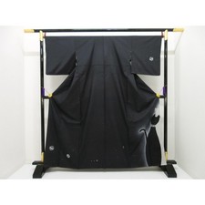 Authentic Visiting Kimono, Striped Oshima Tsumugi, Yuzen Processing 260-007...