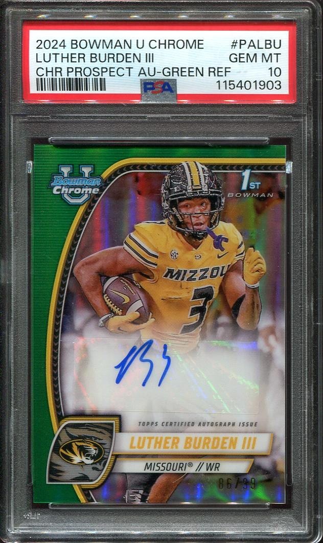 2024 Luther Burden III Auto PSA 10 Bowman U Chrome Green /99 #PA-LBU Bears