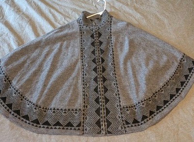 Vintage Wool Cape Women Small Medium Gray Black Aztec Poncho Cape Katie Todd Zip