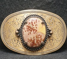 XF09177 NOS VINTAGE 1970s STONE FLORAL ARTWORK UNISEX FASHION BELT BUCKLE