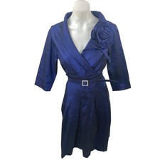 Jessica Howard Blue Taffeta Flower Pleated 3/4 Sleeve Belt Midi A-Line Dress 12P
