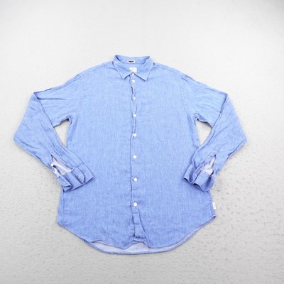 Armani Collezioni Shirt Mens Large Blue Flax Linen Blend Button Up Lightweight