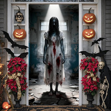 Scary Halloween Door Banner Cover - 71"X35" Creepy Ghost Zombie Bride Front Door