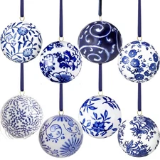 8 Pcs Christmas Chinoiserie Porcelain Ball Ornaments 2.36 Inch Mini Ball Orna...