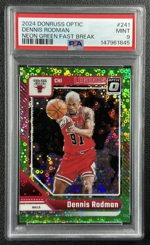 DENNIS RODMAN PSA 9 2024 PANINI DONRUSS OPTIC 241 FAST BREAK NEON GREEN PRIZM /5