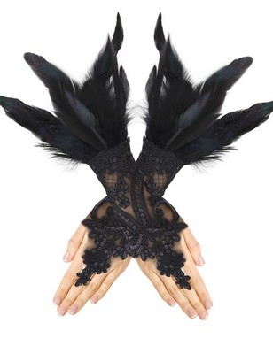 FLORVIV Black Lace Feather Gloves for Women, Long Gothic One Size, 