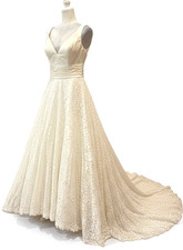 Justin Alexander 8824 Ivory Lace Wedding Dress Satin Bridal Gown Train Size 10