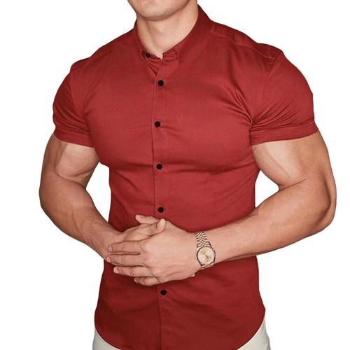 Men Button Down Shirt Casual Business Tops Short Sleeve Slim Fitness Muscle Tee - Picture 5 of 27