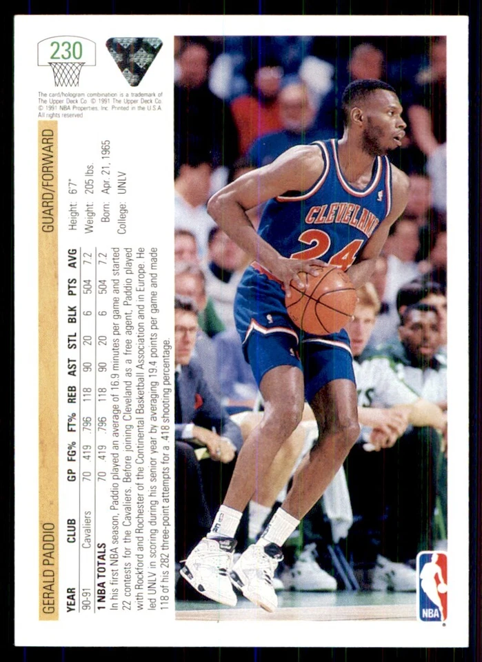 1991-92 Upper Deck Gerald Paddio RC Cleveland Cavaliers #230 - Image 2 of 2