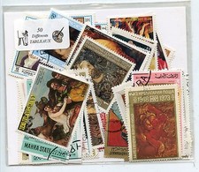  LOT DE 50 TIMBRES THEMES TABLEAUX DIFFERENTS