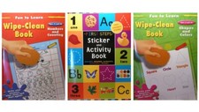 Kids Fun Learn Books Alphabet Numbers Colors Wipe-Clean With Sticker Activity