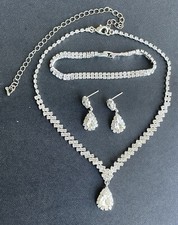 Bridal Cubic Zirconia Necklace Earrings Bracelet Set Silver Plated Wedding Prom