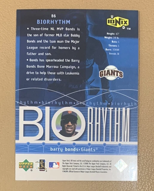 Barry Bonds 2000 Upper Deck Ionix BIOrhythm #B6 San Francisco baseball card mlb - Image 2 of 2