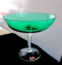 BOTTLE GREEN COMPOTE BOWL CLEAR SWIRL GLASS PEDESTAL CANDY DISH  8"