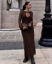 ZARA NWT WOMAN $89 LONG LACE DRESS BROWN | 4661/257 ALL SIZES