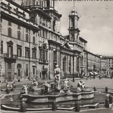 Vintage 1956 RPPC Piazza Navona Fountain Statue Place Rome Roma Italy Postcard
