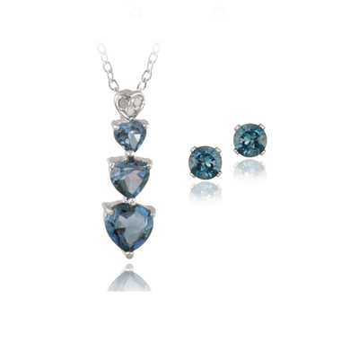 925 Silver 2.25ct London Blue Topaz & Diamond Heart Necklace & Earrings Set