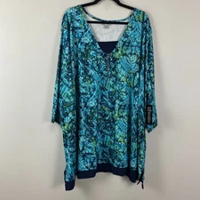 Catherines Half-Zip V-Neck Tunic Duet Size 5X Blue Green 3/4 Sleeves Stretch