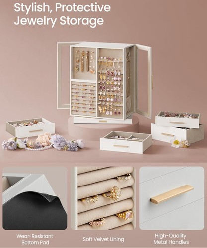 Jewelry Box 360° Rotating Organizer 7 Drawer Storage Case Glass Window White NEW - Picture 5 of 5
