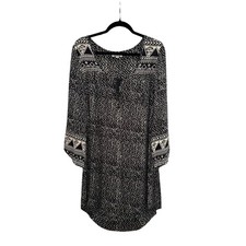 Billabong Womens Black Cream Tribal Print Boho Shift Dress V-Neck Tassels Size M