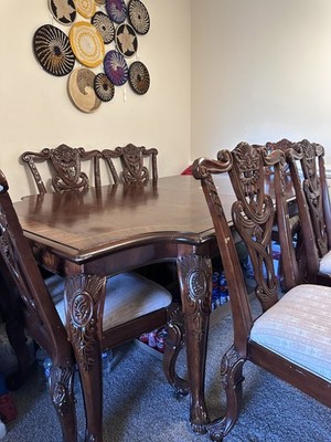 7-Piece Solid Dining Set - Extendable Table (12'' Leaf), 6 Chairs, Brown Cushion