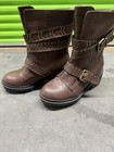 Brown Studded Buckle Mid Calf Biker Boots Round Toe Zip Faux Leather for Women