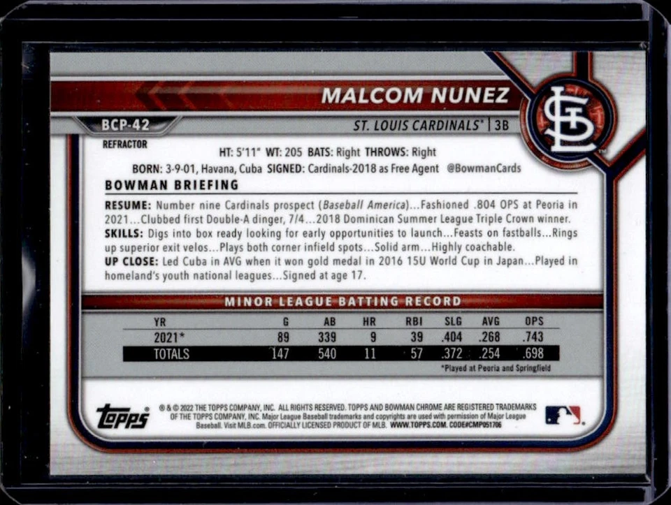 2022 Bowman Malcom Nunez Chrome Prospects Refractor #116/499 Cardinals - Image 2 of 2