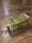 1930s Green Depression Uranium Vaseline Glass Ribbed Refrigerator Dish with Lid