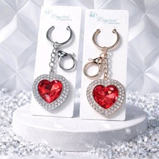 Sparkling Crystal Heart Keychain Ruby Red Faux Gemstone Gold or Silver Tone NEW