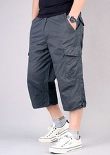 Mens-Multi Pockets Cargo Shorts Elasticated Waist 3/4 Long Length Combat Pants