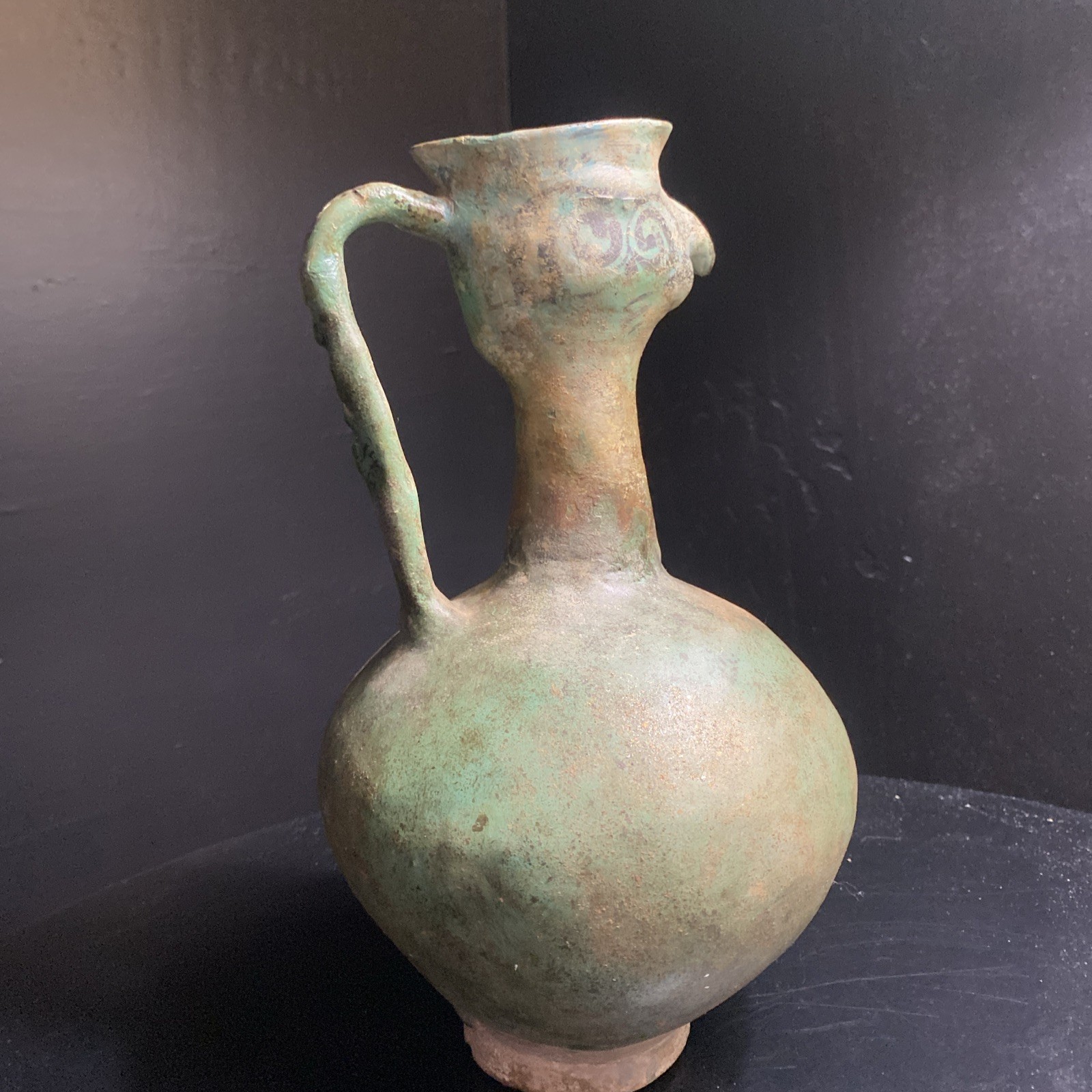 Antique Green Glazed Islamic Persian 11” Bird Wine Ewer W Provenance