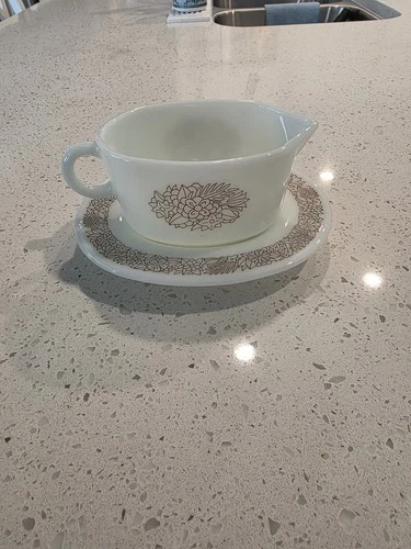 Pyrex Vintage Woodland Brown Gravy Boat Sauce Pitcher with Under Plate Saucer